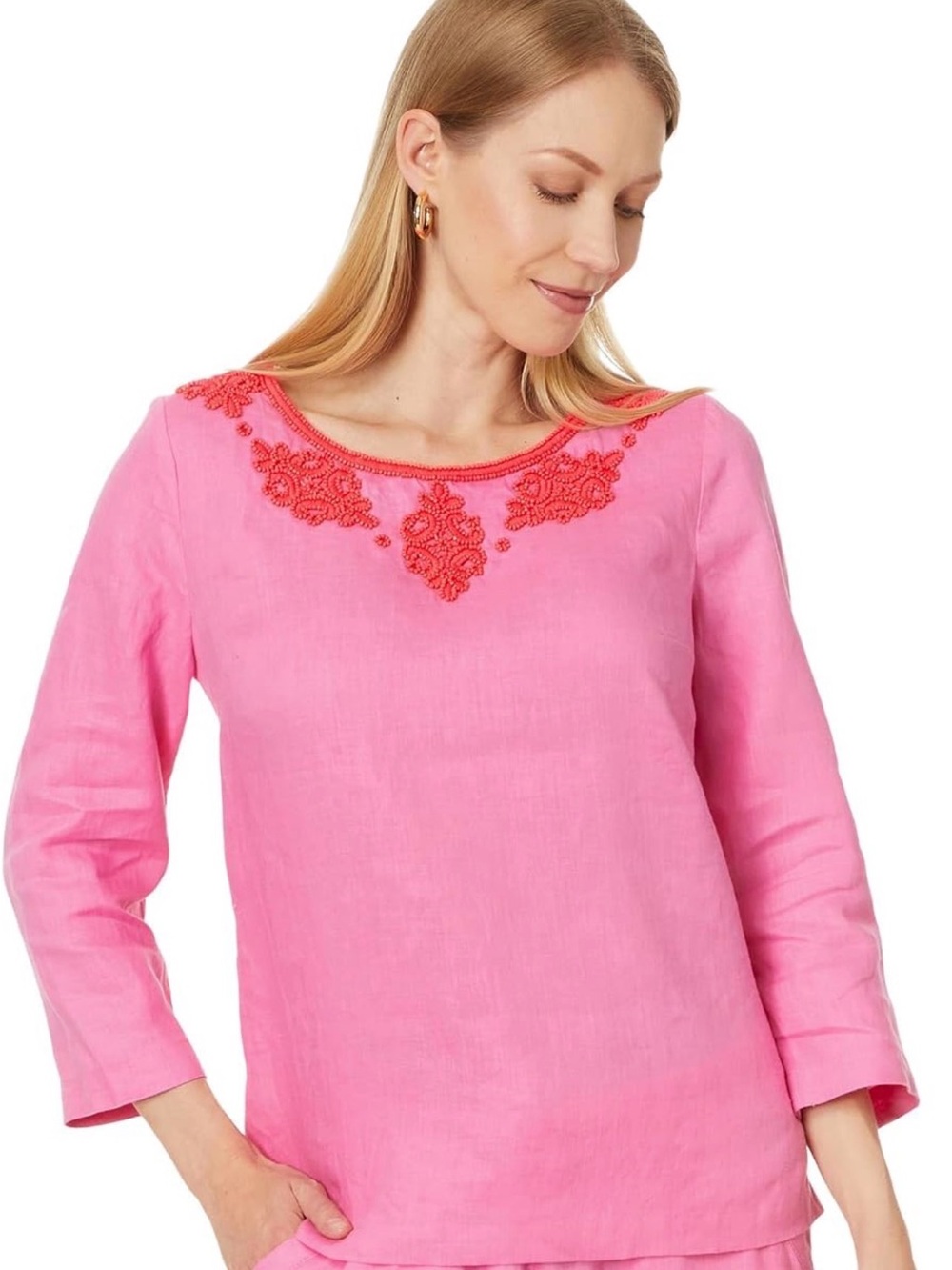 LILLY PULITZER 100% LINEN ELYN TOP PINK BEADED 3/4 SLEEVE  SIZE 4